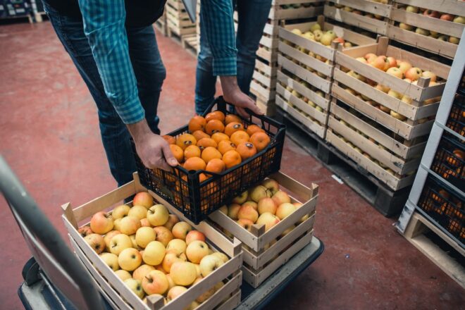 Stacking crates of oranges and apples